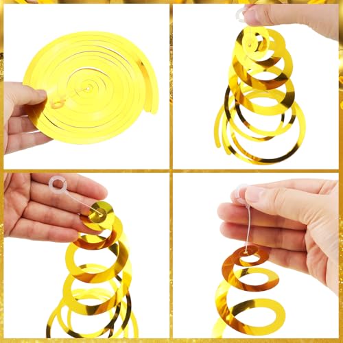 Image of Happy Golden Birthday Banner with 6 Hanging Swirls: Pre-Assembled Glitter Banner & Metallic Foil Swirls for Golden Birthday Party Decor, Indoor Wall & Ceiling Decorations