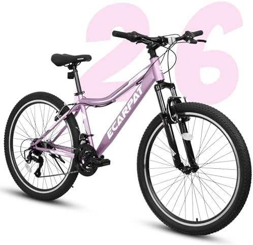 Ecarpat 26 Inch Mountain Bike, V Brakes 21 Speeds Women Mens Bike, Steel Frame and Suspension Fork, Adult and Teens Sport Bicycle for Urban Trail Snow Commuter Purple