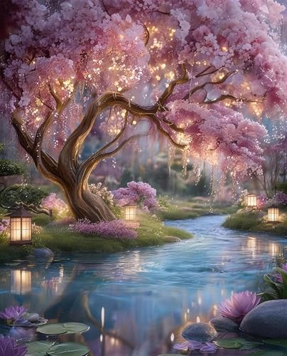 Gikboup 5D Diamond Art Kits for Adults Beginners Glowing Cherry Blossom Tree Landscape, Full Round Drill Paint by Diamonds, Serene Lotus Stream Lantern Scenery DIY Craft, Home Wall Decor, 12x16