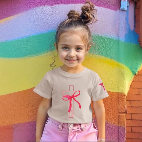 Image of Girls Cute Christian Shirts Kids Pink Bow Shirt Jesus God Faith Tshirts Aesthetic Cross Bible Verse Graphic Tee Tops