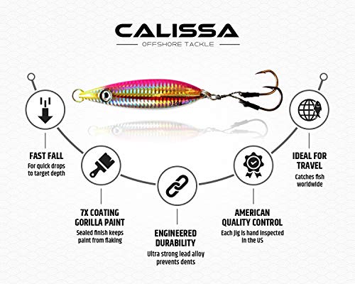 Calissa Offshore Tackle Flat Fall Jig ||| 80g 150g 250g 300LBS Assist Hooks 3/0 Butterfly ||| Vertical Knife Speed Lure Slow Pitch Fall || (Pink Smelt, 80g)