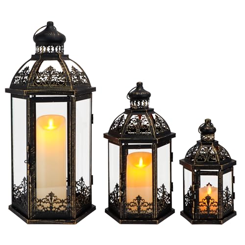 TRIROCKS Juego de 3 faroles decorativos grandes de 19, 13.5 y 9.5 pulgadas de alto, farol colgante de metal con vidrio templado para interiores y exteriores, decoración del hogar, fiestas, jardín