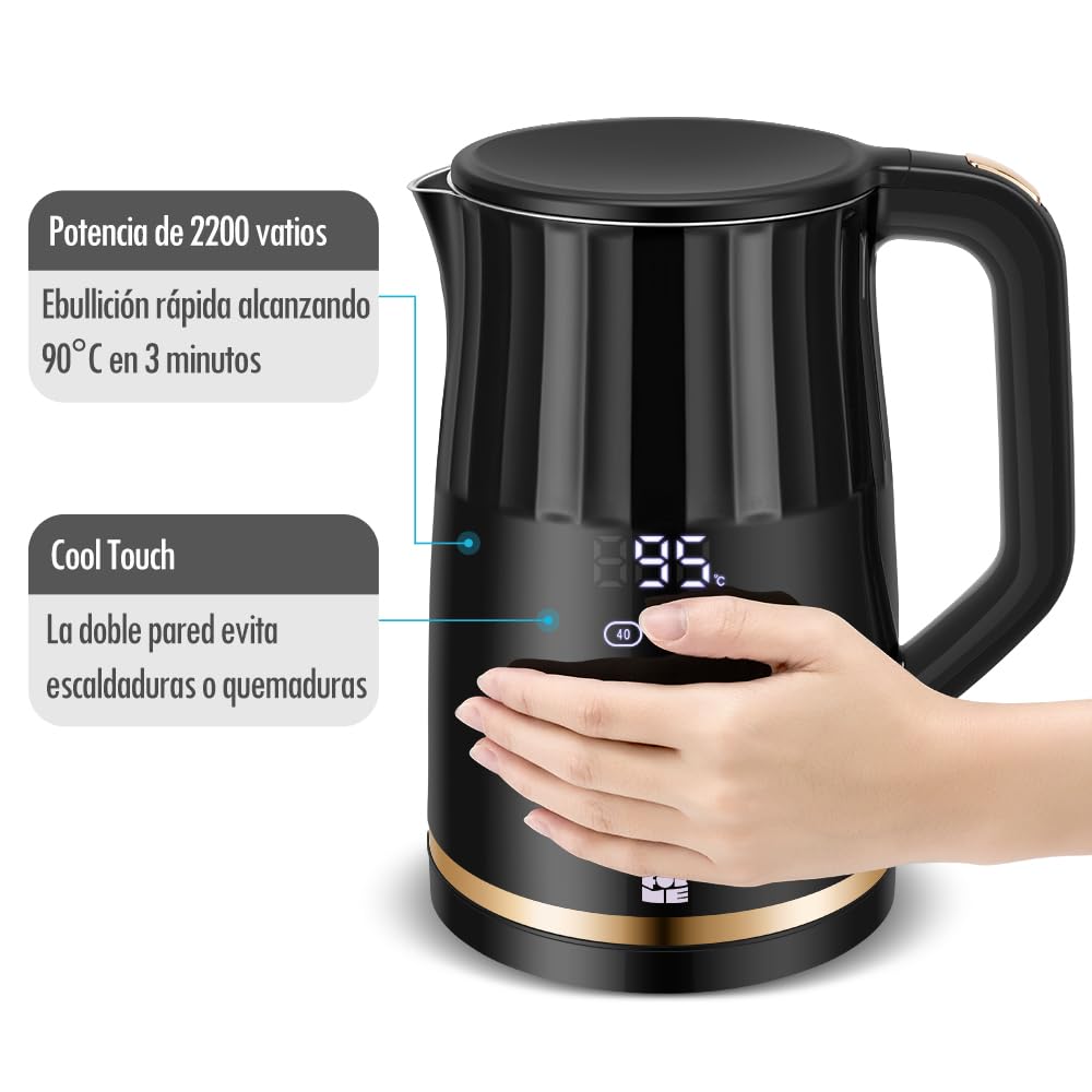 ForMe Hervidor Eléctricos de Acero Inoxidable 1,7 L Selección de Temperatura de 40-100 C LED Indicador Digital de Temperatura I Función de Mantener Caliente Tetera I Cristal Hervidora Libre de BPA