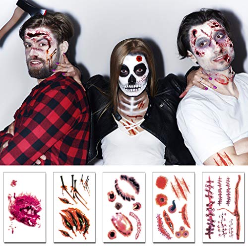Wound Tattoos Halloween Tattoo Scar for Wounds Tattoos Fake 3D Zombie Halloween Makeup Kit Temporary Tattoos Wounds(5 Pieces)
