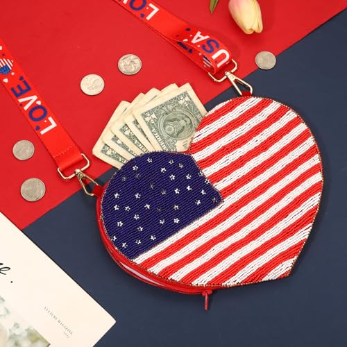 Image of 4th of July Purse for Women Sequin Beaded USA Star Purse American Flag Crossbody Shoulder Bag 4th of July Outfits
