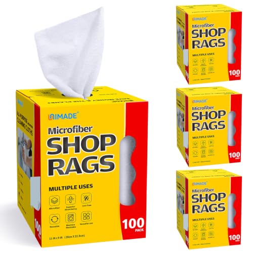 Image of UNIMADE Shop Rags, 4 Boxes - 400 Sheets Microfiber Cleaning Cloth | Commercial Grade Washcloths Lint-Free Bulk Shops Towels for Cars Mechanic Restaurant Garage Housekeeping, 11 inchx 9 inch, White