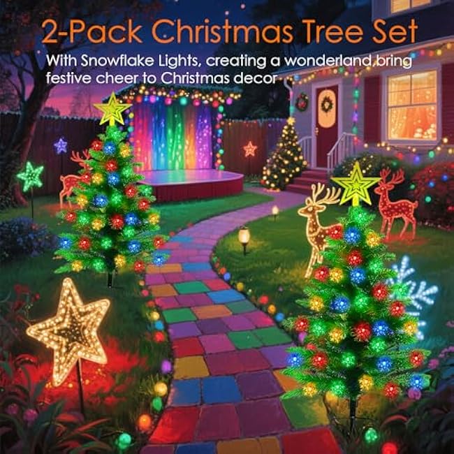 2 Pack 3.6Ft Solar Christmas Tree with 100 Snowflake Lights, Waterproof Christmas Decorations Outdoor, Solar Christmas Lights Outdoor Xmas Tree for Yard, Pathway, Porch, Cemetery, Holiday Decor