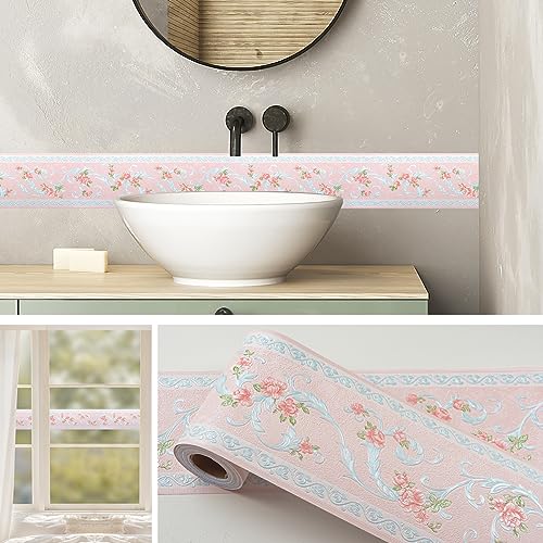 Ababoorty WALL BORDER TRIM 394"X4.1"Pink Flower Wallpaper Border Peel And Stick 3D Pattern Wall Decor Trim thumb #1