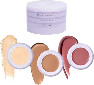 Subtl Beauty 3-in-1 Makeup Stack – Cream Bronzer, Powder Highlighter & Lip Glaze for On-the-Go Touch Ups – Lightweight, Travel-Friendly, Blendable Balm (Fair/Biscotti)
