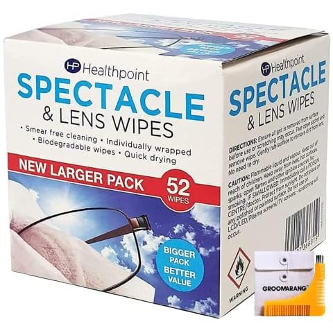 Healthpoint Glasses Wipes - 312 Individually Wrapped Lens Wipes - Also Suitable for Cameras, Binoculars & Smartphone Screens (6 Extra Value Packs of 52 = 312 Wipes) Plus Groomarang! Cover