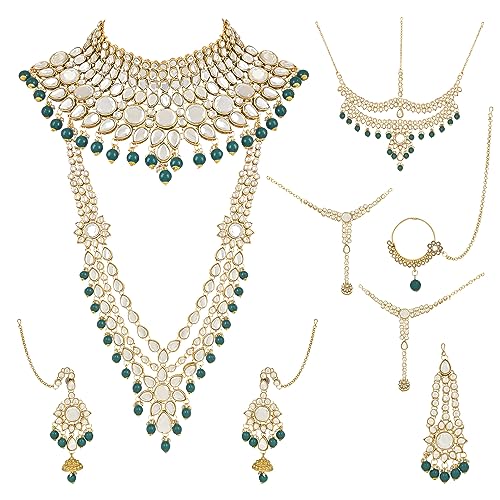 I Jewels Wedding Collection Traditional Ethnic Gold Plated Pearl & Kundan Stone Work Bridal Jewellery Set For Women (Green) (BLP034G)