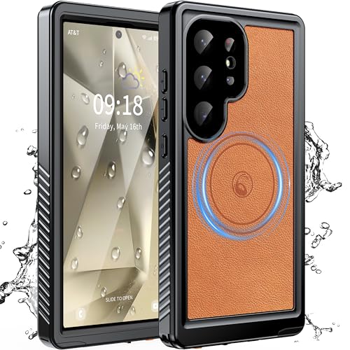 GOLDJU 2025 New Designed for S24 Ultra Leather Case Waterproof [Built-in Screen Protector ][Compatible with MagSafe] Full Body Shockproof Protective Cover for Samsung Galaxy S24 Ultra 6.8 - Brown