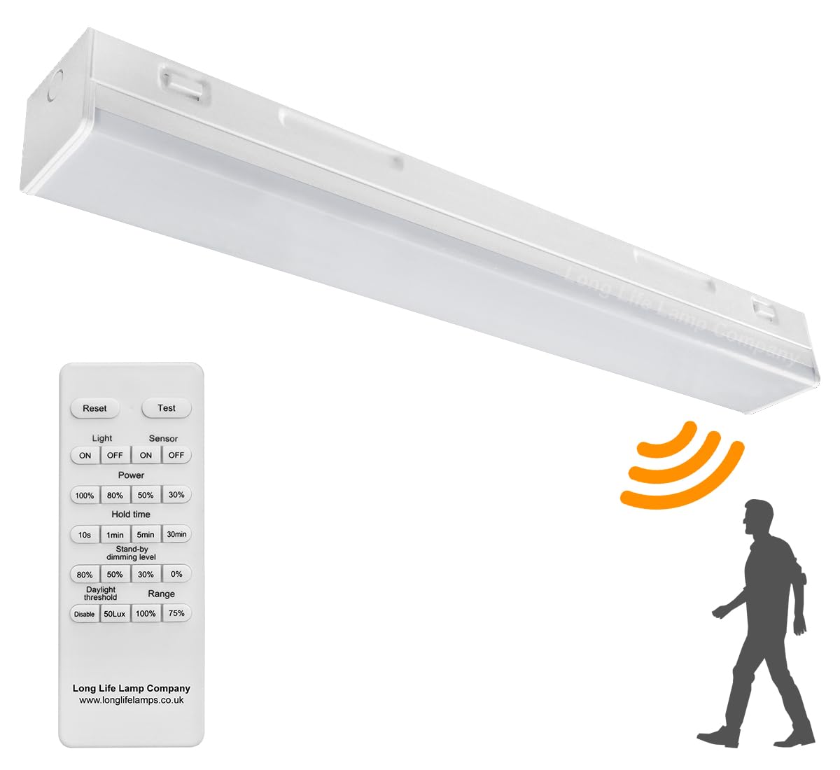 Long Life Lamp Company 20W LED Microwave Sensor Ceiling Batten Light Fitting 2 feet Remote Control Dimmable 6500k MSBL20