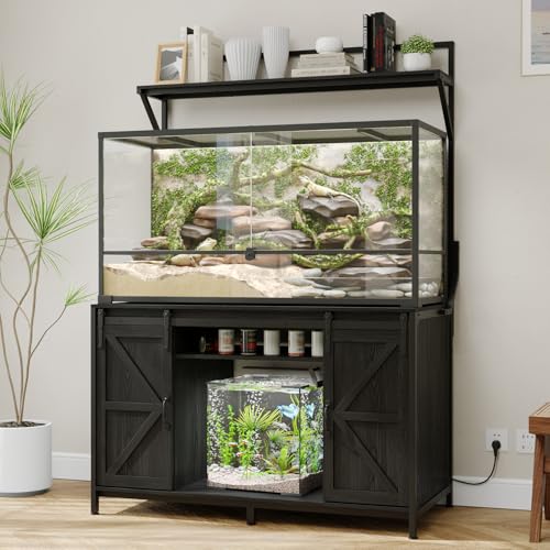 VOWNER Farmhouse Reptile Tank Stand with Power Outlet, 48' X 24' Tabletop Fits up 120 Gallon Bearded Dragon Tank, Heavy Duty Aquarium Stand with Storage Cabinet, Reptile Turtle Terrarium Stand Black