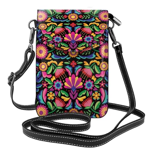Colorful Floral Embroidery Mexican Print Small Crossbody Bags for Women Leather Cell Phone Purses Mini Leather Shoulder Handbag Adjustable Strap