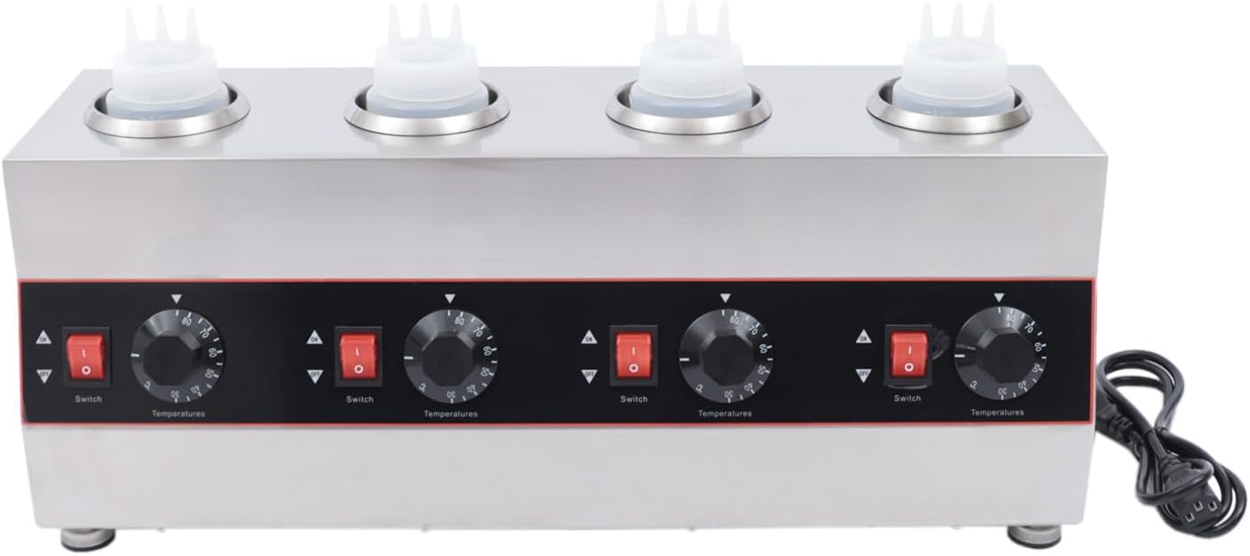 Sauce Warmer Dispenser, Electric Sauce Warmer Heater with Energy Saving Heating Cylinder 4 Sauce Bottles and Double Heating Liner Stainless Steel Countertop Warmer for Hotels Scake Stores Cafes Etc