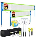 Olybeaka Outdoor Volleyball & Badminton Combo Net Set for Backyard, Beach with 2 Nets, Adjustable Poles, 4 Aluminum Rackets, PU Volleyball, Portable Carry Bag