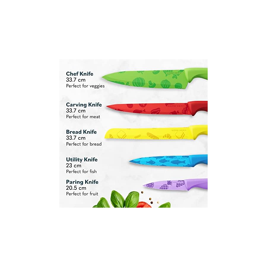 Home-Hero-Rainbow-Knife-Set-Kitchen-Knife-Set-11-pcs-Knives-Set-for-Kitchen-Kitchen-Knife-Sets-Knife-with-Sheath-Butcher-Knife-Set-Colorful-Knife-Set-Cooking-Knife-Set-Cutting-Knifes-Set Home Hero Kitchen Knife Set with Sheath Covers - High Carbon Stainless Steel Kitchen Knives with Ergonomic Handles & Ceramic Coating, Nonstick Ceramic Knife Set with Chef Knife (11 Pcs - Rainbow)