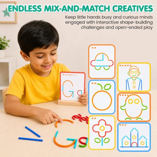 Image of Kidology Sticks & Rings Building Set Toys for Kids | 120 Pcs Shapes Learning Puzzle Toy Game for Kids | 20 Double-Sided Pattern Cards & Wooden Base | STEM Montessori Brain Game for Boys & Girls