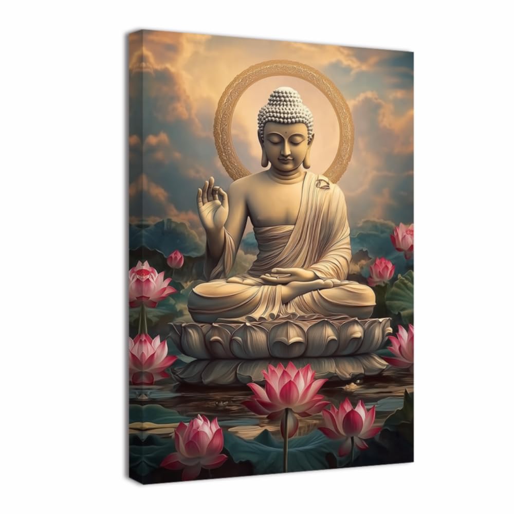 LMYSXAOZ Buddha Canvas Wall Art Pink Lotus Painting Print Zen Poster Meditation Spiritual Room Decor Frame(Gold,20.00" x 30.00")