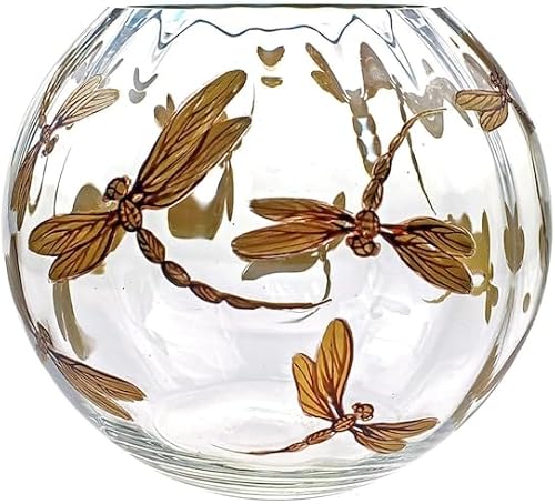Victoria Bella 5578180GDF Jarrón de bola de vidrio de 7.25 pulgadas de diámetro con libélulas doradas, pintadas a mano, hecho a mano, jarrón de