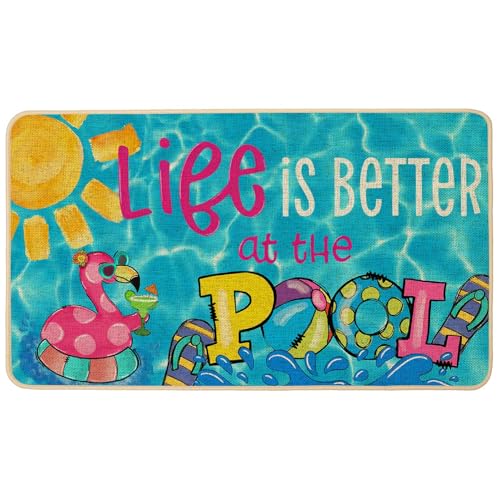 Baccessor Summer Pool Doormat 17x29 Inch Poolside Tropical Flamingo Non-Slip Low Profile Door Mat Non-Slip Rubber Backing for Floor Entrance Seasonal Outside Patio Porch Outside Home Decor