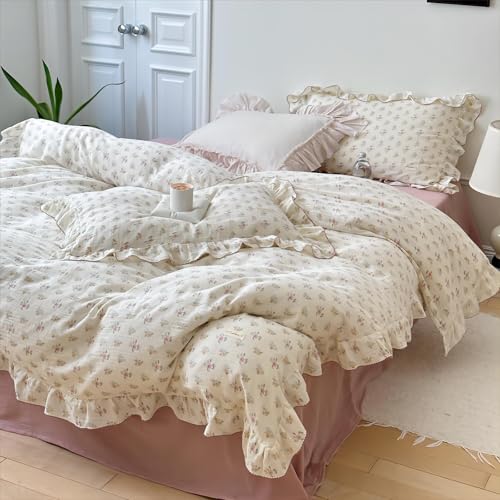 Image of BuLuTu 100% Cotton Muslin Duvet Cover Twin for Kids Girls Boys, Shabby Chic Azalea Floral Duvet Covers Vintage Farmhouse Comforter /Quilt Cover with Ruffles, 68 inchx86 inch, Zipper Closure, No Pillow