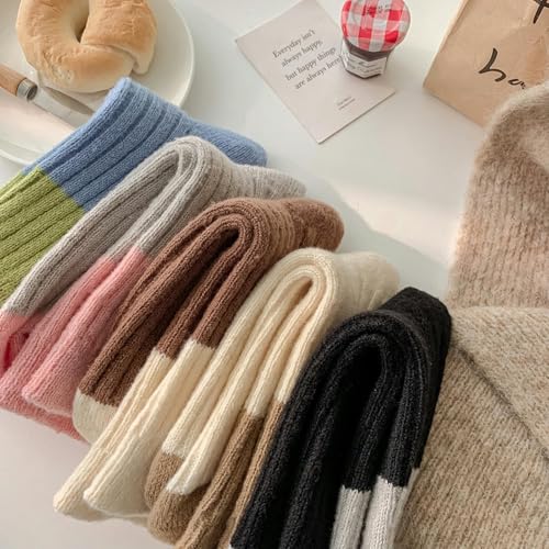 5 pairs - girls' autumn and winter color-blocked wool mid-tube socks, Japanese thick and warm pile socks4