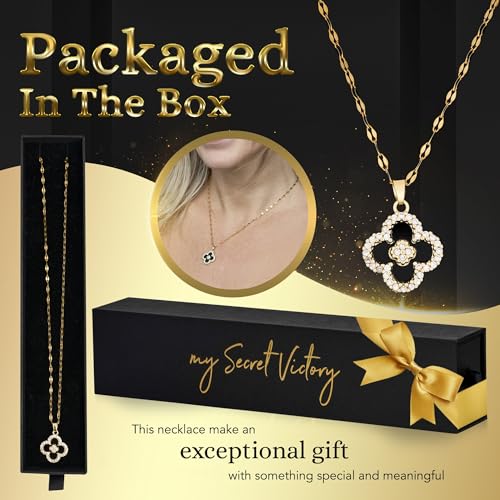 Four Leaf Clover Pendant Necklaces for Women 18K Gold Plated Multi Color: Mother of Pearl, Black Agate & Cubic Zirconia/Dainty Lucky Clover Necklace Perfect for Any Occasion2