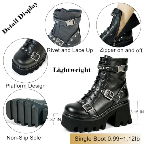 Image of MEOTINA Women Goth Boots Platform Chunky Heel Buckle Combat Ankle Booties | Edgy alt goth punk rave aesthetic for dress styling, rivets, lace up ,zip and lug sole design, black and white colors
