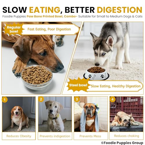 Image of Foodie Puppies Stainless Steel Dog Bowl Combo - (Medium, 700ml) Food and Water Feeding Gift Bowl | Suitable for Dogs, Cats and Other Pets I Paw Bone Print, Anti-Skid Rubber Base (White + Yellow)