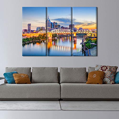 3 Panels Wall Art Canvas Print Tennessee Skyline Night Cityscape Usa City Canvas Print American Horizon Nightscapes Art Painting Nashville At Dusk Picture For Living Room Ready To Hang - 60"Wx40"H #TOP1