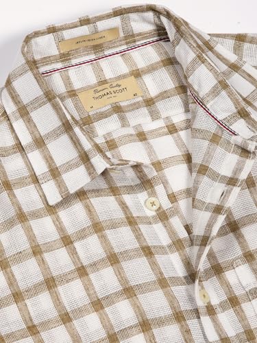 Image of Thomas Scott Men's | Checks | Half Sleeve | Slim Fit | Jute Linen | Spread Collar | Casual Shirt