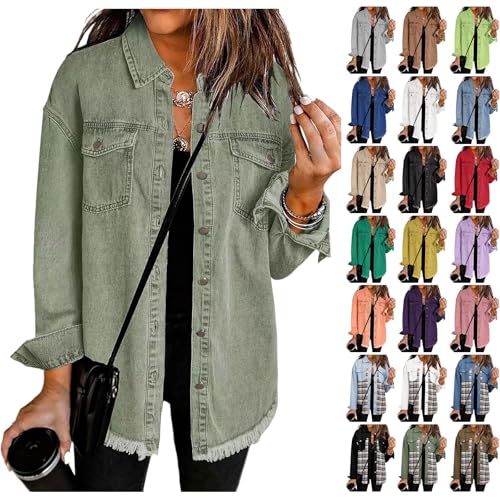 Women's Denim Jackets Casual Button Down Denim Shacket Dressy Collared Long Sleeve Jeans Coat Boyfriend Jean Jacket