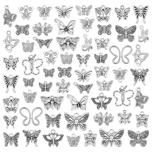JIALEEY Butterfly Charms Beads Necklace Pendants DIY for Jewelry Making and Crafting 60 PCS Tibetan Silver Plated Butterfly Charm