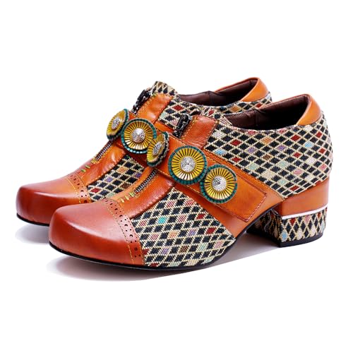 CrazycatZ Leather Pumps,Womens Colorful Vintage Block Heel Shoes