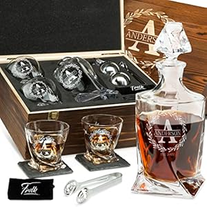 Personalized Whiskey Decanter and Stones Set – Customized Gift for Him – Men, Dad, Father – Engraved Twisted Whiskey Decanter, 2 XL Glasses, 2 XL Balls, 2 Coasters, Tongs, Pouch in Wooden Box