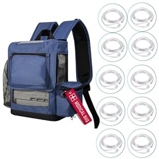 Ventilated Ultra Lightweight Backpack Compatible with Inogen Rove 6, Inogen One G5, OxyGo Next, Bundle with (10) 4ft cannulas, Medical tag Backpack fits Single or Double, Zippered Bottom (Navy)