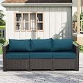 Rattaner Outdoor Furniture Wicker Outdoor Couch Patio Furniture 3-seat Sofa Deep Seat Hight Backrest Waterproof Cover Anti-Slip Cushions, Peacock Blue