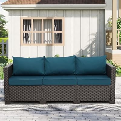 Rattaner Outdoor Furniture Wicker Outdoor Couch Patio Furniture 3-seat Sofa Deep Seat Hight Backrest Waterproof Cover Anti-Slip Cushions, Peacock Blue