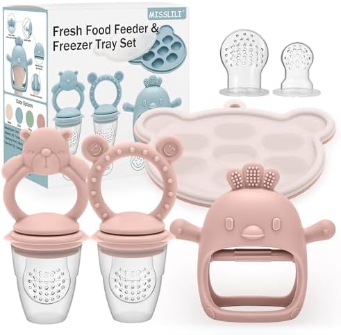 4 Pack Silicone Teething Mitten for Babies with Baby Fruit Food Feeder & Freezer Tray Set, BPA Free Infant Teething Relief Toy for 3 Month+, Additional Silicone Sacs
