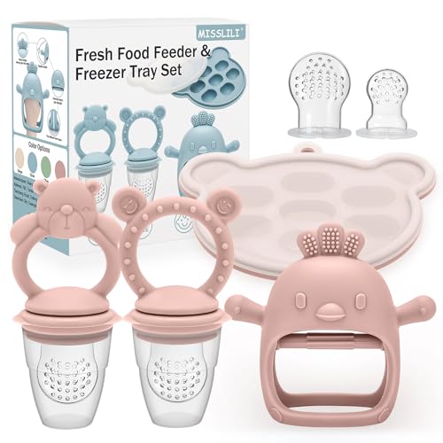4 Pack Silicone Teething Mitten for Babies with Baby Fruit Food Feeder & Freezer Tray Set, BPA Free Infant Teething Relief Toy f