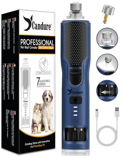 Candure Dog Nail Grinder 7-Speed Whisper Quiet Dog Nail Trimmer for Large Medium Small Dogs Cats & Pets Silent Type-C Rechargeable Dog Claw Grinder with 360 LED Light & Extra Head (Dark Navy)