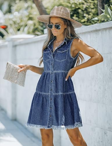 Image of luvamia Women's Casual Summer Lapel Sleeveless Button Down Short Denim Jean Dress