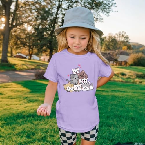 Image of KEEVICI Cute Cartoon Cat Shirts for Girls Kids Graphic Tees Kawaii Animal Pattern T Shirt Cotton Crewneck Summer Loose Tops