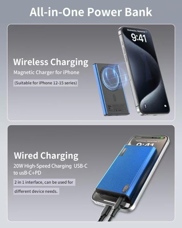 Miniatura 6 de Cargador portátil, cargador inalámbrico de 10000 mAh para iPhone con USB C a 20 W PD cable de carga rápida, cargador magnético para iPhone