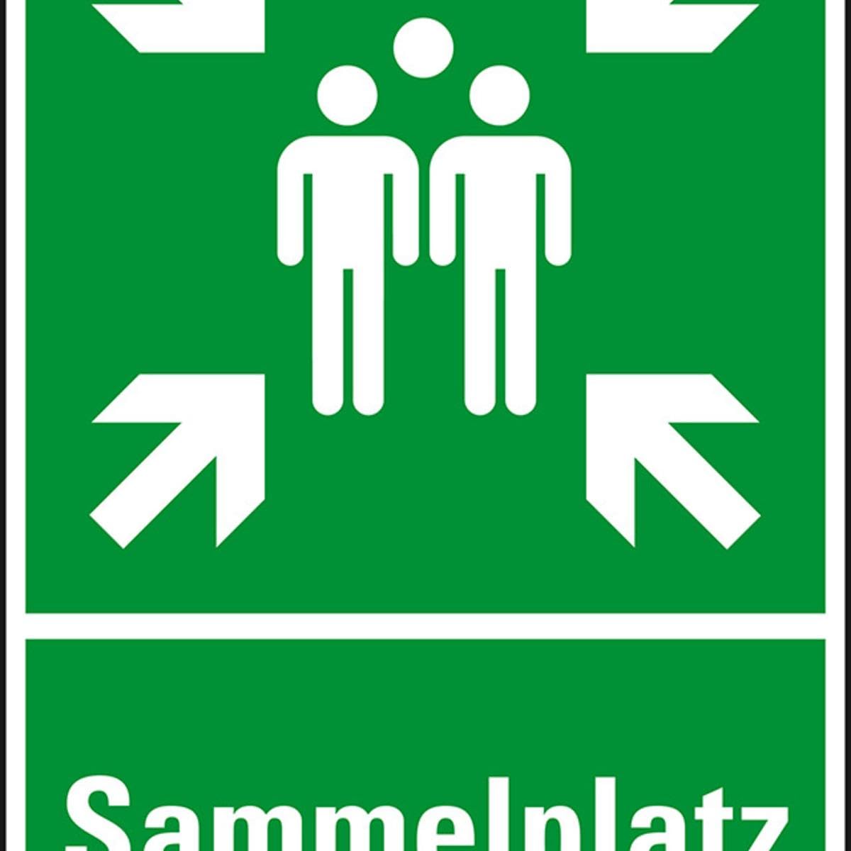 Rettungs-Kombischild Sammelstelle, Aluminium, 400x600mm, ASR A1.3, DIN EN ISO 7010 E003 und E007