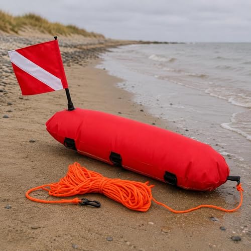 Bouée de plongée libre gonflable et compacte avec corde et drapeau de sécurité