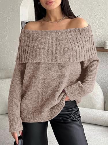 Image of Saodimallsu Womens Off The Shoulder Sweaters Oversized Long Sleeve Loose Ribbed Knit Fall Trendy Pullover Tops