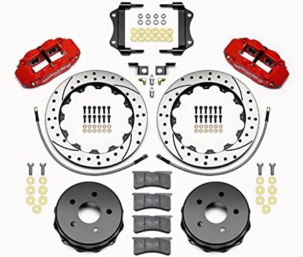 WILWOOD 14 FRONT & REAR BIG BRAKE KIT WITH FREE BRAKE LINES & FLUID, SL6R 14 FRONT & SL4R 14 REAR DRILLED ROTORS, RED CALIPERS, COMPATIBLE WITH 2007-2018 JEEP WRANGLER JK